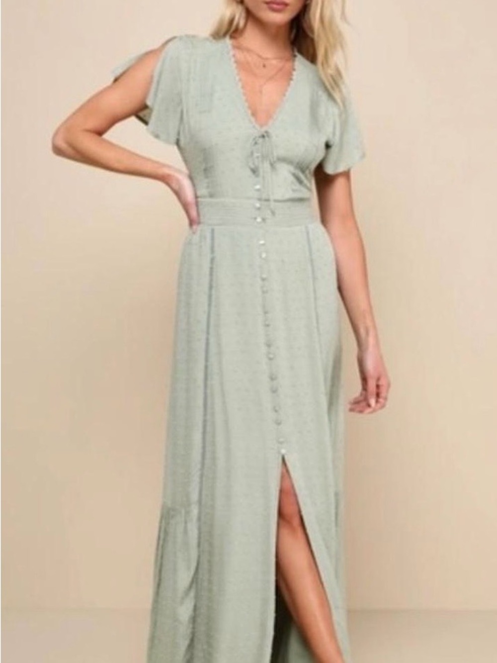 NWT - LuLus -Large -Sage Green V-Neck Button Front Maxi Dress